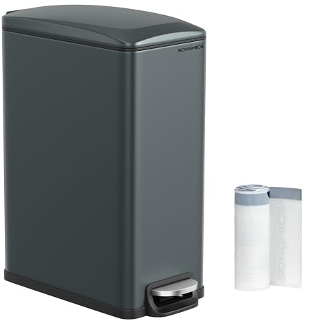SONGMICS Cubo de Basura de Cocina de 48 L, Papelera con Pedal Delgado para Espacios Estrechos, Tapa de Cierre Suave y Cubeta Interior, Acero, con 15 Bolsas de Basura, Gris Carbón LTB510G02