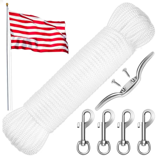 Windspeed 15 Meter Flag Rope and Clips Kit Replacement, 8 mm Flag Pole Rope Line Kit with 4PCS Swivel Hook Clips/ 2PCS Screws/Cleat Hook