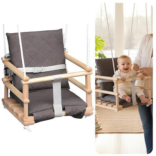 Holz Babyschaukel, Kinderschaukel, Schaukel für Kinder Schaukel 3 in 1 + SICHERHEITSGURT, Kleinkindschaukel, Baby schaukel und Schaukelsitz, Kinder Holz Indoor Outdoor (Braun)