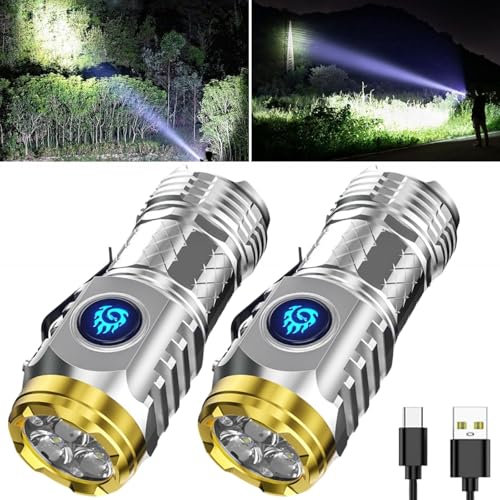 Three Eyed Monster Mini Flash Super Power Flashlight, Rechargeable Pocket LED Torch, Waterproof High Lumen EDC Flashlight for Outdoor and Emergency Use (Silver 2pcs)