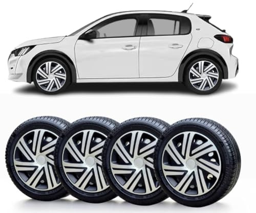SOLIP 15 wheel trims, Hubcaps, Set of 4 for Peugeot 208,207,306,108,Alloy wheels look covers,Silver/Black Full Set