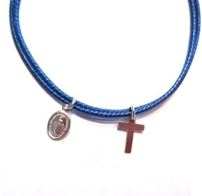 Croix + Vierge Marie Bracelet cordon Croix Chrétienne Vierge Marie argent 925 réglable Bracelet Chrétien Bracelet religieux Communion Baptême Marraine Parrain Filleul