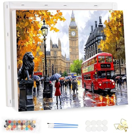 MEIYUDA Pintar por Numeros Adultos con Marco Ciudad de Londres, DIY Cuadro al óleo con Números para, Kit de Pintura al óleo Digital para Adultos de Lienzo, Decoración 40x30cm(Caja regalo)