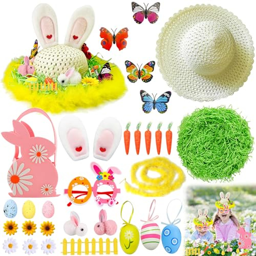 Easter Bonnet Kit, Easter Decorations, 31 PCS DIY Craft Kit with Bonnet Hat,Bunny,Bunny Ear,Carrots,Basket,Glasses,Eggs,Grass,Flower,Fence,Butterfly, Easter Crafts For Easter Bonnet Competition School