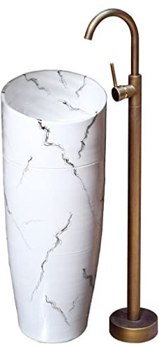 WOTZOV Badezimmer-Standwaschbecken Standwaschbecken Außenbodenwaschbecken Vintage Keramik-Standwaschbecken Standwaschbecken mit Wasserhahn Keramiksockel Badezimmerwaschbecken