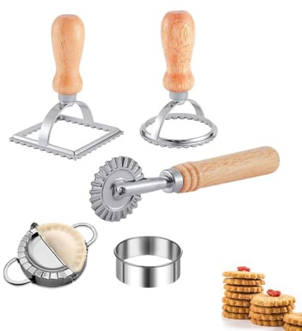 5-Piece Ravioli Cutter Set with Wooden Handle – Premium Pasta Press Wheel for Homemade Dumplings, Pierogi & More