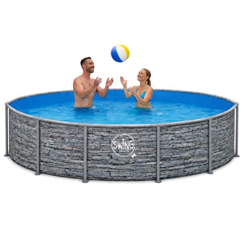 HAF - Swing Frame Pool rund Stein-Optik (Ø 366 cm, 91 cm tief) - Gartenpool mit 8.300 Liter - Robust, UV-geschützt & korrosionsbeständig - Stabiler Metallrahmen - Schnellaufbau ohne Werkzeug