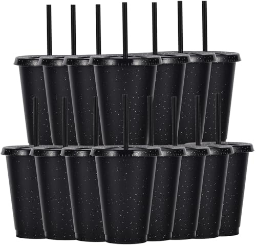 Yisituo Lot de 15 gobelets réutilisables en plastique de 480 ml avec couvercle et paille pour boissons froides, café glacé, voyage et smoothies (noir)