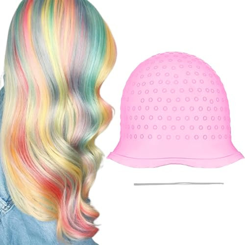 WUSJCOF Cuffia per Meches in Silicone Riutilizzabile con Ago per Meches per Tingere i Capelli a Casa e in Salone (Rosa)