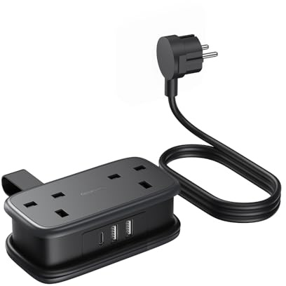 NTONPOWER UK to European Plug Adapter with 1.2M Extension Cable，2 Way Travel Extension Lead with 3 USB(2A+1C) Compact Travel Adapter for Germany France Spain Turkey Greece Iceland etc(Type E/F)