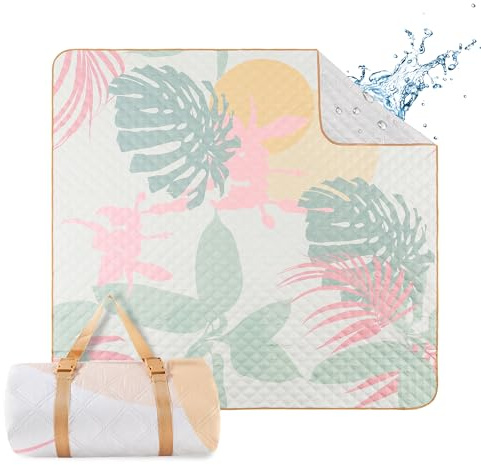 ACUSHLA Strand & Picknickdecke 200x200 cm, Stranddecke wasserdicht & waschbar, mit Tragegurt - perfekt für Strand, Camping & Picknick Campingdecke (Tropische Blätter)