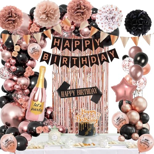 Decoracion de Cumpleaños Oro rosa nero Globos de Cumpleaños, Pancarta Happy Birthday, Cortinas Foil Dorados, Pompones, Banda para Happy Birthday Decoracion Fiesta Mujer Hombre