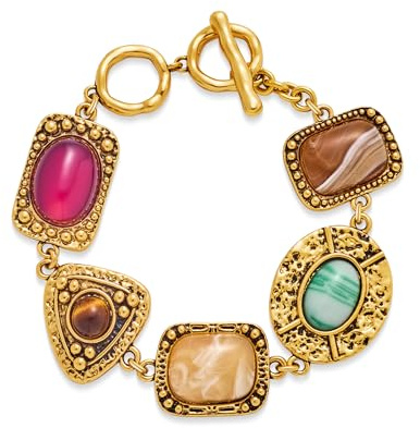 WOWORAMA Vintage Gold Bracelet for Women Chunky Statement Bracelets Colorful Geometric Resin Stone Bracelets Hammered Gold Chain Bracelets Jewelry