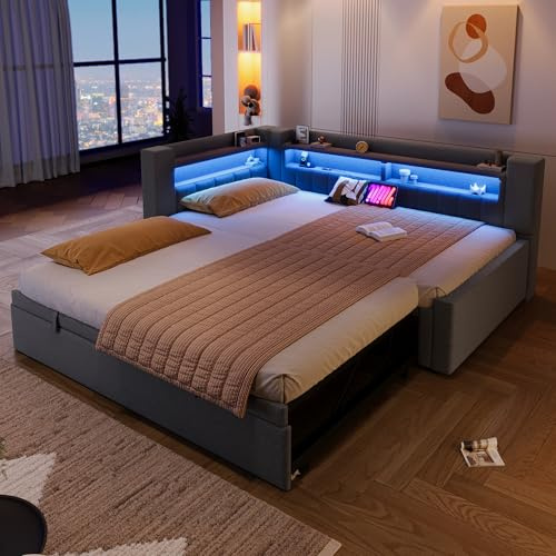 ZIDEY Polsterbett 90/180 x 200 mit LED und USB, Ausziehbares Schlafsofa, Daybett mit Ausziehbett, Sofabett Tagesbett Jugendbett Bettgestell, Leinen, Ohne Matratze, Grau