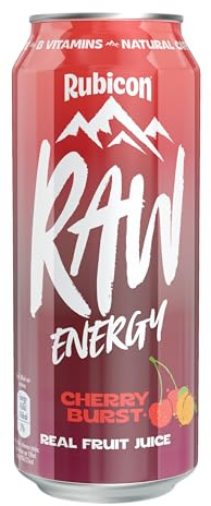 Rubicon Raw Cherry Burst Energy Drink, 12 Pack, 500ml Cans | Natural caffeine energy drink crafted with 20% real fruit juice in cherry burst flavour.
