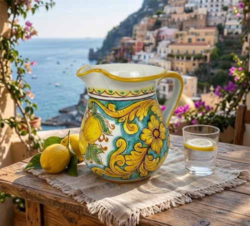 Mondocreazioni Caraffa in Ceramica siciliana Boccale Realizzato e Decorato a Mano Santo Stefano di Camastra Art. Limoni 1,5 LT
