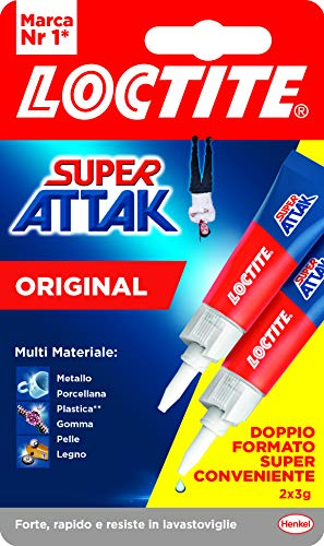 Loctite Super Attak Original Bipack, Colla liquida trasparente in confezione convenienza, Adesivo per gomma, metallo, ceramica, legno, cuoio e pelle, Colla per scarpe e fai da te, 3g+3g