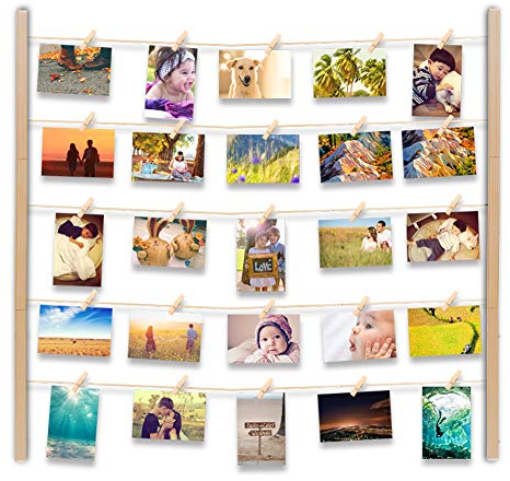 Uping Marco de Fotos de Pared de Madera | Con Cuerda y 30 Pinzas | 66CM * 74CM | Decoración de la pared, idea del regalo, para foto dibujo memorándum cartel etc. (Color de Madera Claro)