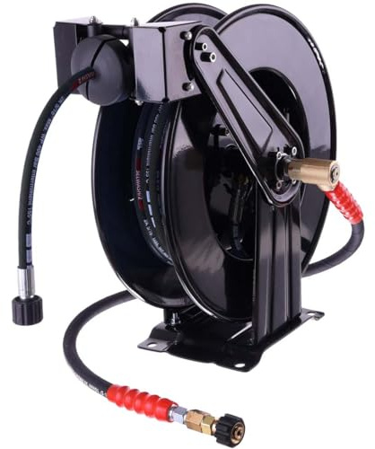 TECHKAR Automatischer Schlauchaufroller + 15m Schlauch DN8 + Schlauchverbinder, für Hochdruckgeräte, Premium Qualität, Automatische Aufwicklung, Hochwertiger Ersatz Kompatibel mit Kärcher & Kränzle