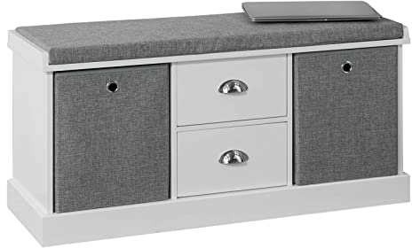 SoBuy Banc de Rangement avec Coussin Rembourré, Meuble Bas Entrée, Commode à Chaussure avec 2 Tiroirs et 2 Paniers,Armoire à Chaussure, pour Entrée, Salon, Blanc et Gris, 100x35x50 cm, FSR66-HG