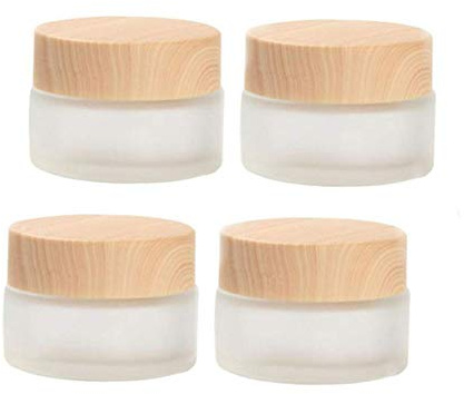 Healthcom 4 PCS 50 Grams/50 ML Empty Jars Frosted Glass Cosmetic Cream Jar Bottle Wood Grain Lid Cosmetic Container Glass Cream Box Refillable Glass Lotion Cream Pot for Makeup Lip Balm Eyeshadow