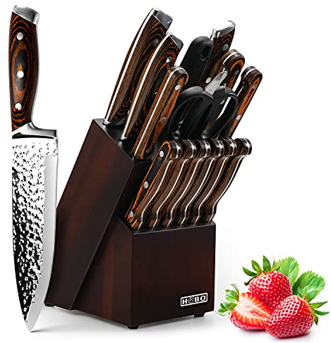 HOBO Messerset, Messerblockset 15 Stück, Küchenmesserset mit Santokumesser Kochmesser Brotmesser Schälmesser Steakmesser Anspitzer, Japanische Edelstahlmesser,Wasserwellentextur Farbiger Holzgriff
