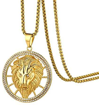 Flongo Herren Halskette Medaillon Edelstahl mit Anhänger Löwe Kopf Löwenkopf Strass Krone King Tog Tag plattenkette Wikinger königskette Kette für Männer gold silber schwarz