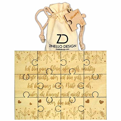 ZINELLO DESIGN Holzpuzzle Schwangerschaft Wer Bin ich – Holz ohne Rahmen | 21 x 15 cm, 12 Holzteile, Baumwollbeutel und „Überraschung!“-Teil für die gravierte Botschaft auf Deutsch, ohne Rahmen