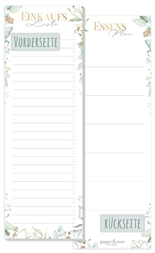 paper&you® Einkaufsliste Block Blattgold mit Magnet, 50 Blatt im Hochformat - Einkaufszettel Notizblock inkl. Essensplaner auf der Rückseite - nachhaltig & klimafreundlich