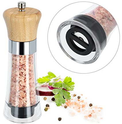 KADAX Salt- och pepparkvarn, havssaltkvarn av akryl, trä och keramik, peppar och saltkvarn med tratt, kryddkvarn, handkvarn för salt (transparent, H: 18,5 cm)