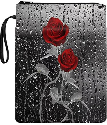 HUIACONG Regenrote Rosen-Buchhülle, Gothic-Blume, Buchhülle, Schutzhülle mit Reißverschluss, Buchhülle mit tragbarem Seil, Buchhülle für Damen und Mädchen, Größe M, 22,1 x 29 cm