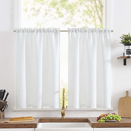TOPICK Scheibengardine Leinenoptik Bistrogardine 2er Set H90xB90 Weiß | Blickdicht Küchenvorhänge modern Lichtdurchlässig Schrank Kurzgardine Küchfenster landhausstil küchengardine fenstergardinen