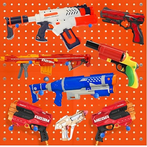 Skywin Wooden Peg Board for Nerf Gun Storage Organizer 13 x 13 x 0.31 Inches - Compatible with All Blasters Nerf Gun Rack Organizer for Wall Organization (Orange)
