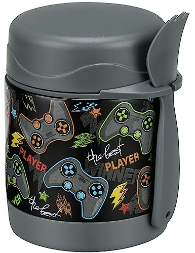 Pawtong 10oz Soup Thermo for Hot Food Kids Insulated Food Jar,Thermo Hot Food Lunch Container, Width Mouth Stainless Steel Lunch Box for Kids with Spoon (Black-Gamepad)