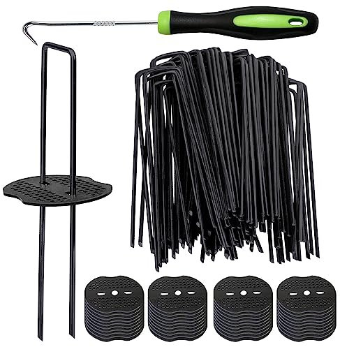 Bakulyor 200 Black Weed Control Membrane Pegs + 200 Buffer Washer, 6/150mm Garden Pegs, Metal Ground Landscape Staples Artificial Grass Pins Ground Cover Matting Fabric Artificial Barrier Stakes