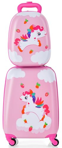 COSTWAY 2tlg Kinderkoffer + Rucksack, Kindertrolley aus Kunststoff, Kindergepäck, Kinder Kofferset Handgepäck Reisegepäck Hartschalenkoffer für Jungen & Mädchen (Unicorn, 12+16)