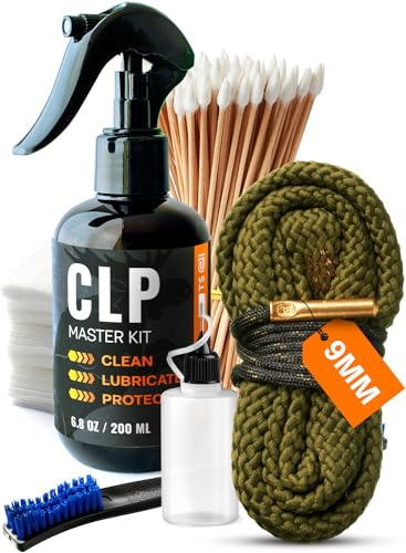 Gun Cleaning Oil Kit with 9mm, 380, 357 Gun Cleaning Snake 3-in-1 Cleans, Lubes, Protects - 6.8 Oz Spray Gun Cleaner and Lubricant, Needle Oiler, Cleaning Patches, Cleaning Swabs, Brush