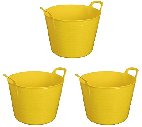 (Pack Of 3) - YELLOW 40L/42L Litre LARGE Robust Polyethylene Flexi Tubs Multipurpose Flexible Rubber Storage Container Bucket, Laundry Basket Ideal For Home & Garden - Made In UK