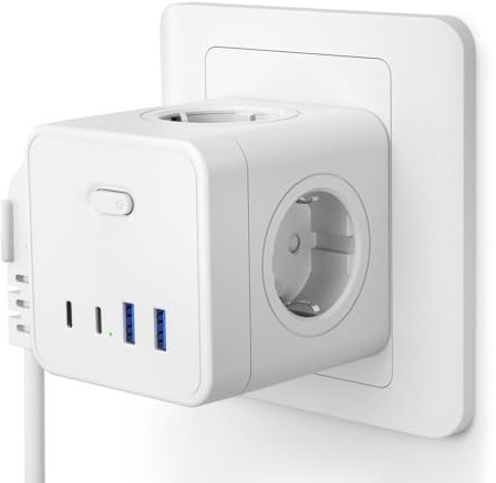 Ladron Enchufes Cubo, Ladrones para Enchufes USB C con 4 Tomas 2 USB c y 2 USB A, Enchufe Multiple Pared con Interruptor, Cargador USB para Oficina, Cocina y Habitación, Blanco
