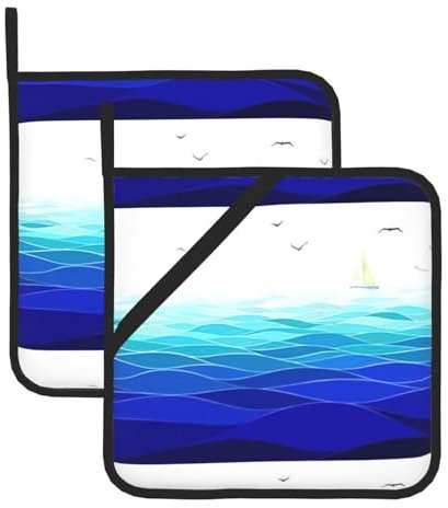 Wurton Topflappen mit Meereswellen, Segelboot mit Vögeln, maritimer Druck, hitzebeständig, 20,3 x 20,3 cm, 20,3 x 20,3 cm, 2 Stück