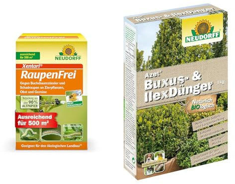 Neudorff Xentari RaupenFrei, bekämpft biologisch Buchsbaumzünsler und andere Schadraupen & Azet Buxus- IllexDünger – Bio Buxusdünger