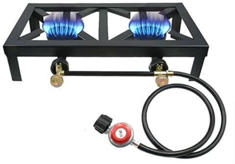 Double Burner Camping Stove, Butane Gas Double Burner Camping Cooker, Camping Gas Stove, Double Butane Catridges Outdoor Gas Cooker with Adjustable 0-10Psi Regulator Hose, for Patio Camping, BBQ