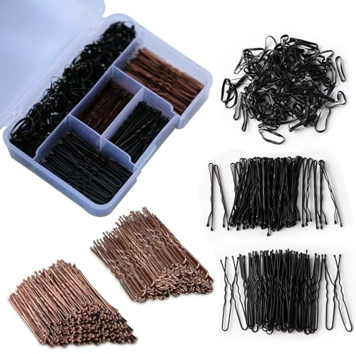 300pcs Brown Hair Pins Kit,U Shaped with Storage Box Pins,100 Pcs U-Shaped,100 Bobby Pin and 100 Rubber Bands,2Inch for Women Hairdressing Salons