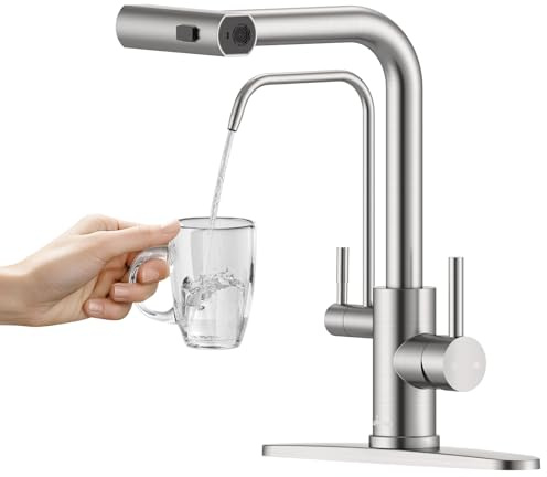 APPASO Waterfall Kitchen Faucet with Water Filter（Without Water Filtration Device），2 Handle Kitchen Sink Faucet, Brushed Nickel Kitchen Faucet with Pull Down Sprayer - 3 in 1 Kitchen Sink Faucet