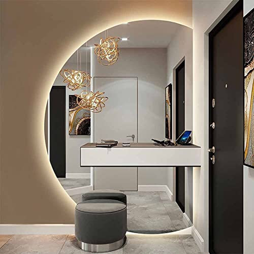 Specchio decorativo da parete a mezzaluna con LED a 3 colori, 83,8 x 119,4 cm, retroilluminato, per camera da letto, ingresso, a prova di esplosione, taglio destro, dimensioni 63,5 x 88,9 cm