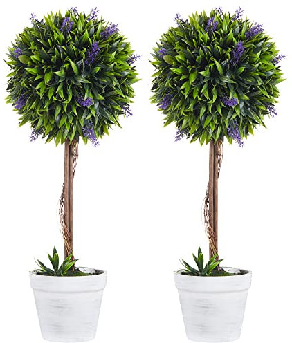 HOMCOM Set 2 Piante Finte da Interno e Esterno, Piante Artificiali a Sfera Anti-UV con Fiori di Lavanda e Vaso con Muschio e Cemento Incluso, Piante Verdi Decorative in PE e PP, Ø24x60 cm