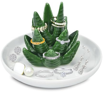 Aloe ringhållare kaktus smyckesställ, presenter till kvinnor födelsedag, keramik smyckesskål för ringar, örhängen, armband, unik smyckeshållare present till mamma, flickvän, flicka