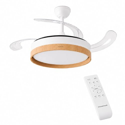 InnovaGoods® Ventilador de Techo con Aspas Retráctiles y Luz LED 72 W, 6 Velocidades, Temporizador, 3 Tipos de Luz, Mando a Distancia, Ø49-104 cm, Silencioso, Función Verano-Invierno. Madera