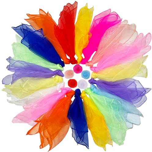 Druuzyl 24 Foulards jonglage 60x60cm - Tissu Multicolore pour Enfants - idéal Cirque, Danse et Jeux de Jardin - Lot de Foulards Magiques en Soie légère