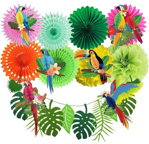Gibocot 15 Pcs Hawaiian Paper Decorations, Tropical Birds Honeycomb Parrot 8.2ft Tropical Palm Leaves Garland Bunting Green Pom Poms Hanging Paper Fans for Summer Luau Jungle Theme Party